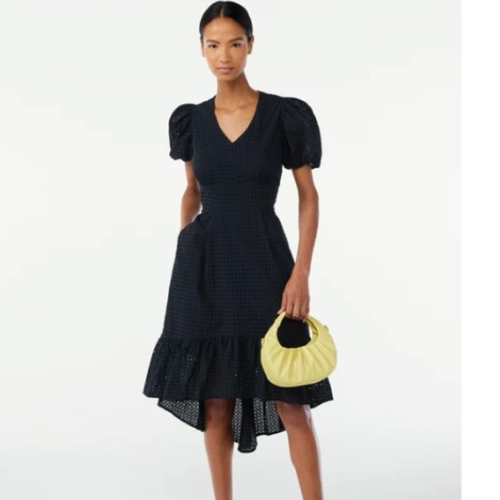 Scoop Women's High Low Eyelet Midi Dress with Puff Sleeves